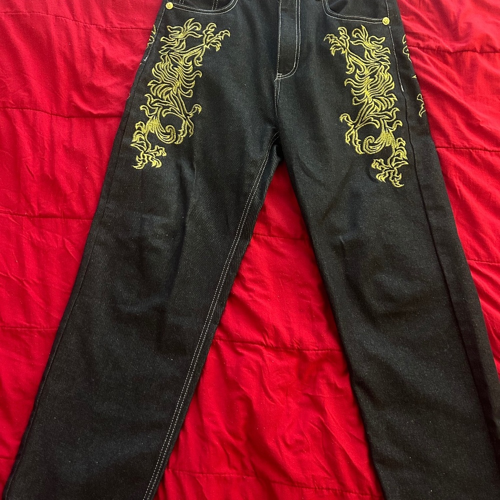Black Jeans with Gold Eagle Design